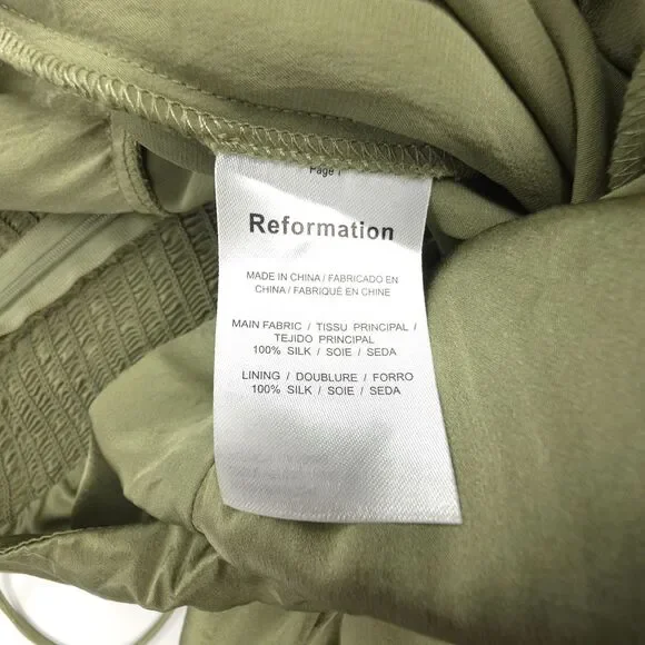 REFORMATION Sage Silk Jumpsuit Smocked Wide Leg Artichoke Green Clean Girl
